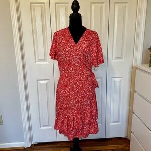 Naggoo Red Floral Wrap Dress Ruffle Hem Short Sleeve V-Neck Size XL